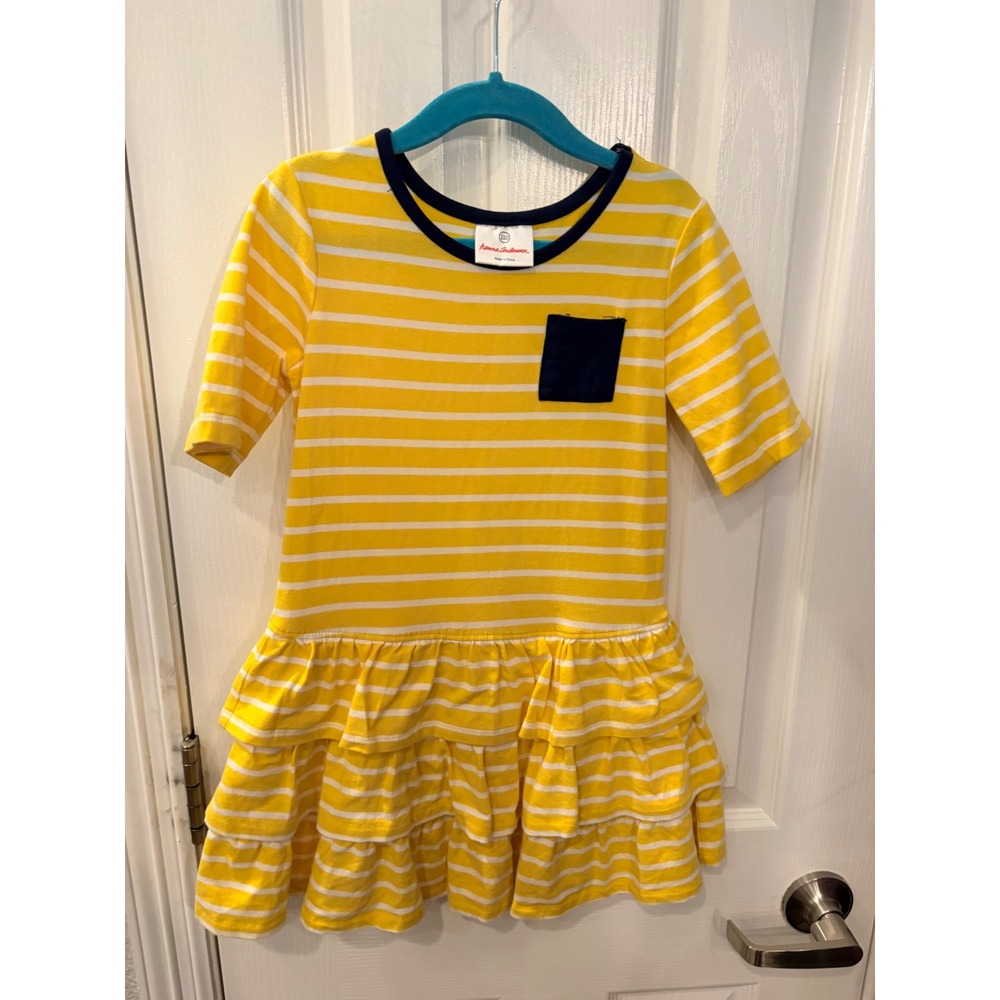 Hanna Andersson Dress Yellow Striped Ruffle Tiered Pocket Casual Play Dress